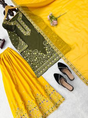 Green crepe thread & sequence work palazzo set with georgette dupatta 4