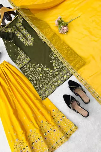 Green crepe thread & sequence work palazzo set with georgette dupatta
