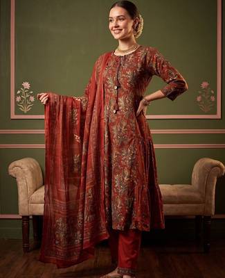 Women Ethnic Motifs Printed Tiered Cotton Kurta with Trousers & With Dupatta 6