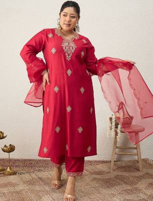 Plus Size Red Embroidered Straight Kurta Trousers With Dupatta Set 1