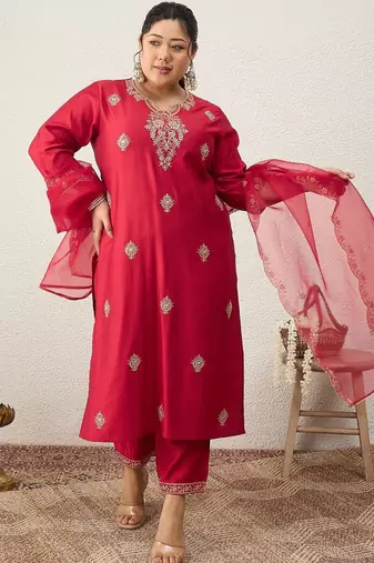 Plus Size Red Embroidered Straight Kurta Trousers With Dupatta Set