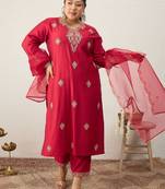 Plus Size Red Embroidered Straight Kurta Trousers With Dupatta Set