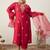 Plus Size Red Embroidered Straight Kurta Trousers With Dupatta Set