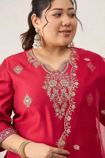 Plus Size Red Embroidered Straight Kurta Trousers With Dupatta Set