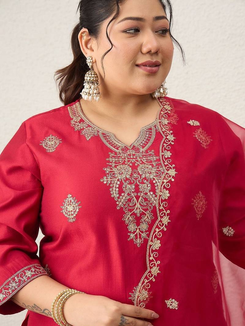 Plus Size Red Embroidered Straight Kurta Trousers With Dupatta Set