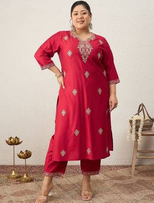Plus Size Red Embroidered Straight Kurta Trousers With Dupatta Set 3