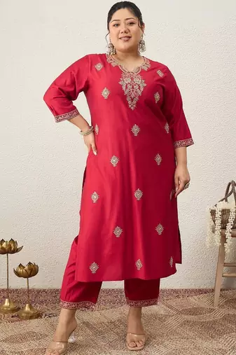 Plus Size Red Embroidered Straight Kurta Trousers With Dupatta Set