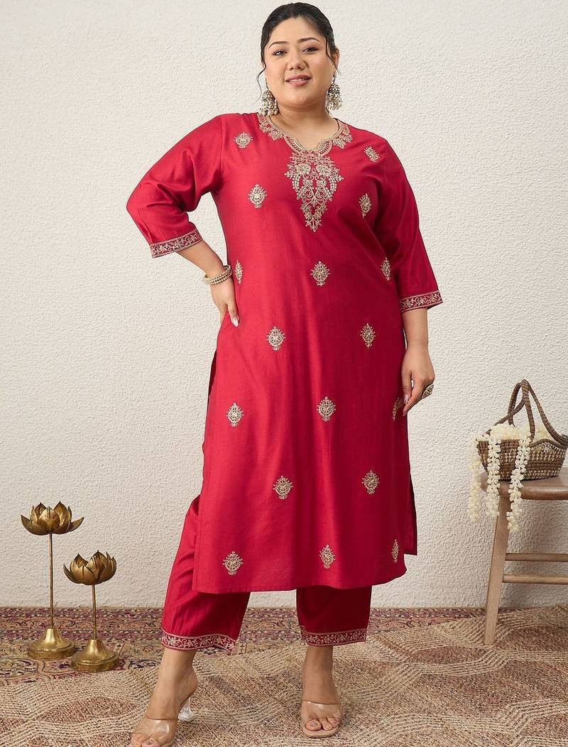 Plus Size Red Embroidered Straight Kurta Trousers With Dupatta Set