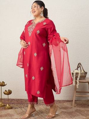Plus Size Red Embroidered Straight Kurta Trousers With Dupatta Set 4