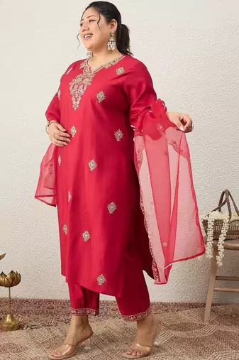 Plus Size Red Embroidered Straight Kurta Trousers With Dupatta Set