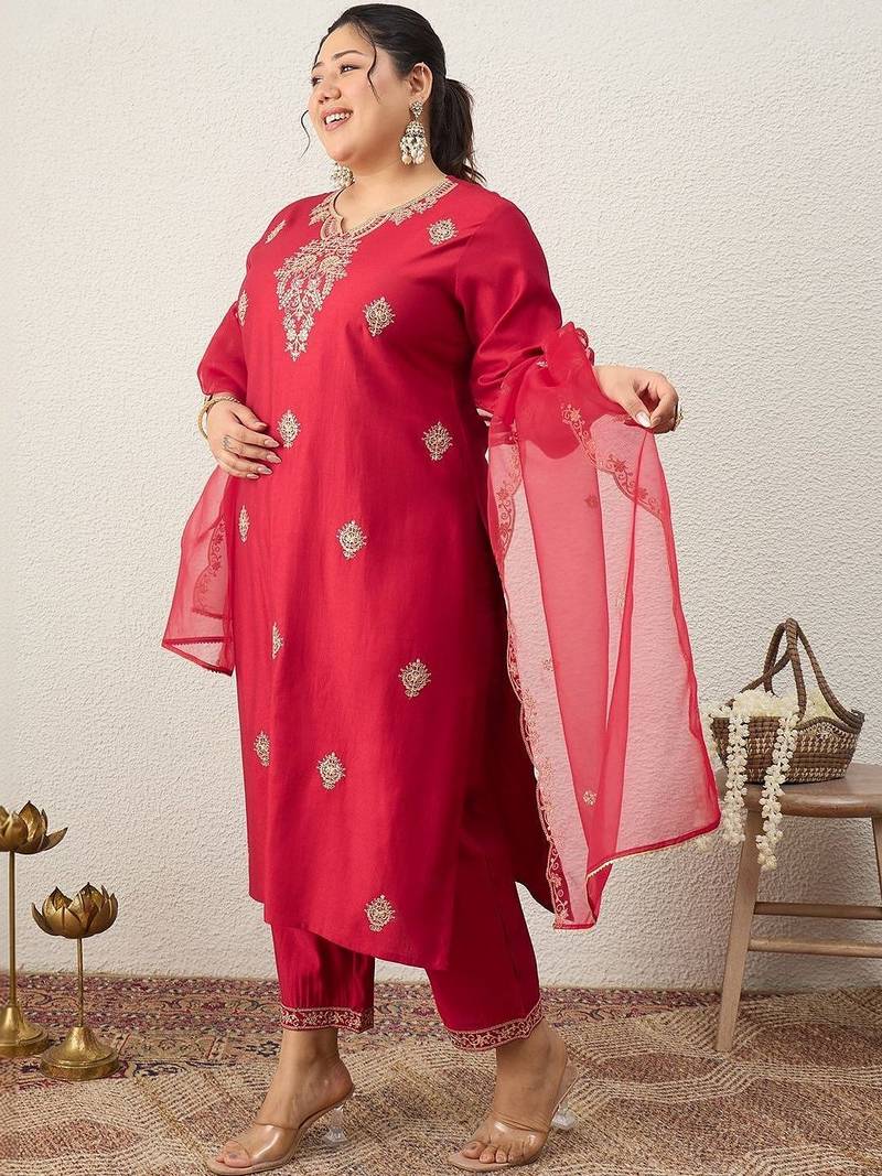 Plus Size Red Embroidered Straight Kurta Trousers With Dupatta Set