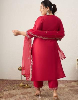 Plus Size Red Embroidered Straight Kurta Trousers With Dupatta Set 5