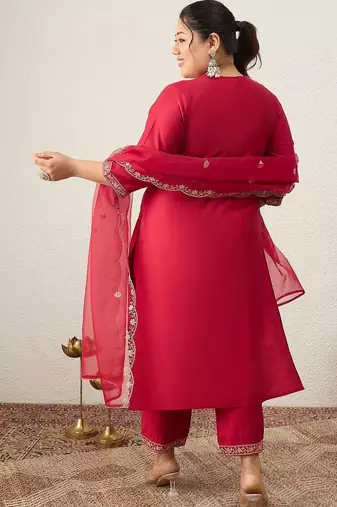 Plus Size Red Embroidered Straight Kurta Trousers With Dupatta Set