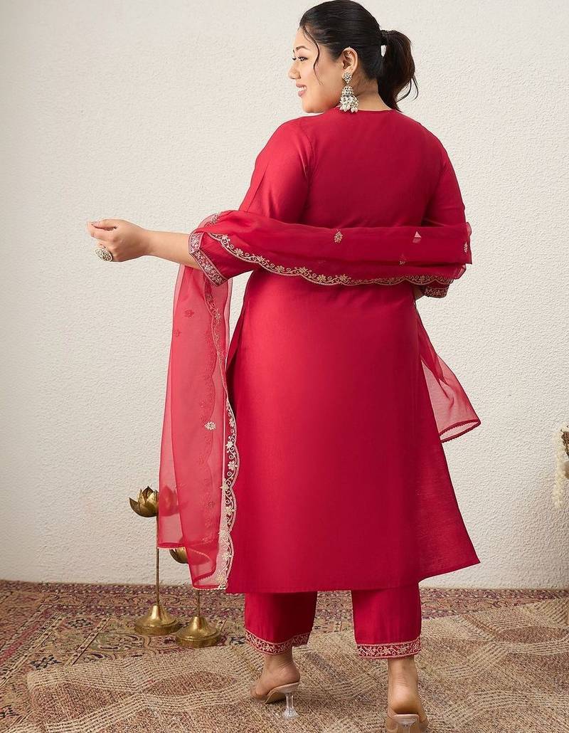 Plus Size Red Embroidered Straight Kurta Trousers With Dupatta Set