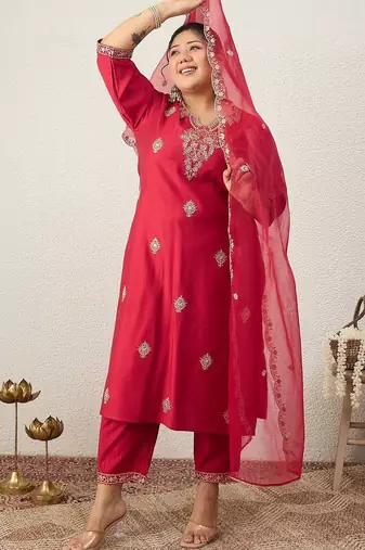 Plus Size Red Embroidered Straight Kurta Trousers With Dupatta Set