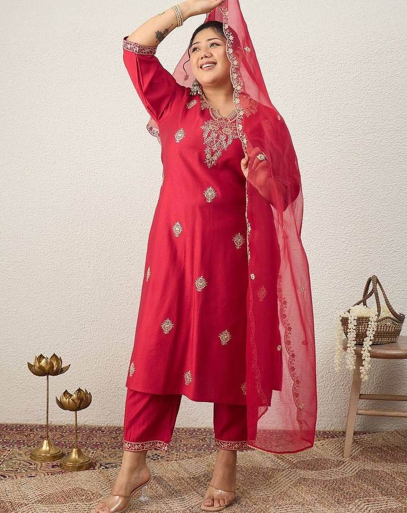 Plus Size Red Embroidered Straight Kurta Trousers With Dupatta Set