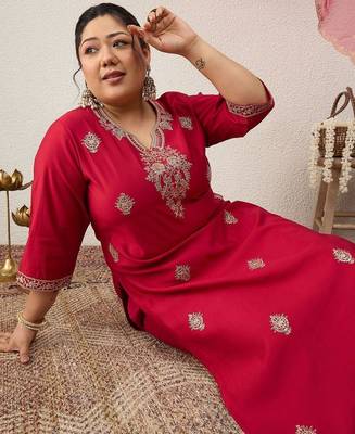 Plus Size Red Embroidered Straight Kurta Trousers With Dupatta Set 7