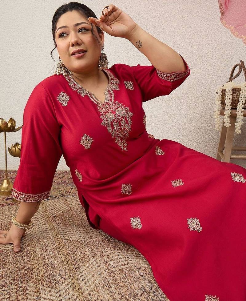 Plus Size Red Embroidered Straight Kurta Trousers With Dupatta Set