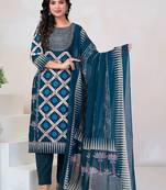 Women Floral Printed Sequinned Cotton Kurta with Trousers & With Dupatta
