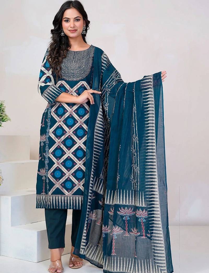 Women Floral Printed Sequinned Cotton Kurta with Trousers & With Dupatta