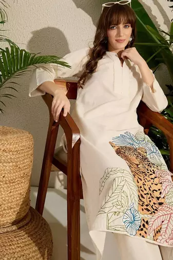 Women Animal Embroidered Thread Work Cotton Kurta with Trousers