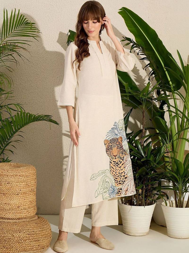 Women Animal Embroidered Thread Work Cotton Kurta with Trousers