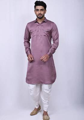 Men's solid pathani kurta and patiala pyjama set - dark lavender 1