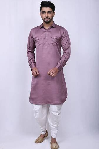 Men's solid pathani kurta and patiala pyjama set - dark lavender