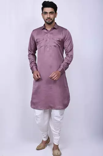 Men's solid pathani kurta and patiala pyjama set - dark lavender