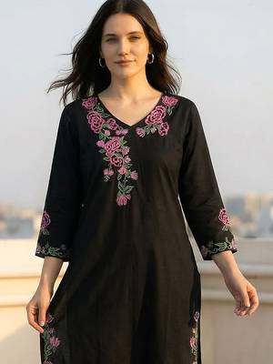 Women Floral Embroidered Thread Work Cotton Kurta with Trousers 2