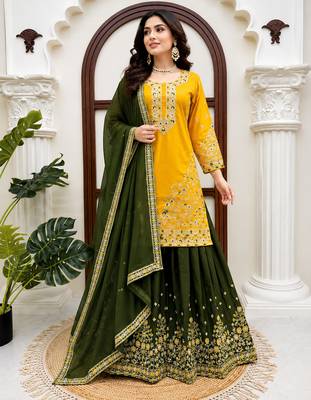 Yellow crepe thread & sequence work palazzo set with georgette dupatta 1