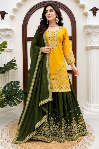 Yellow crepe thread & sequence work palazzo set with georgette dupatta
