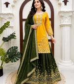 Yellow crepe thread & sequence work palazzo set with georgette dupatta