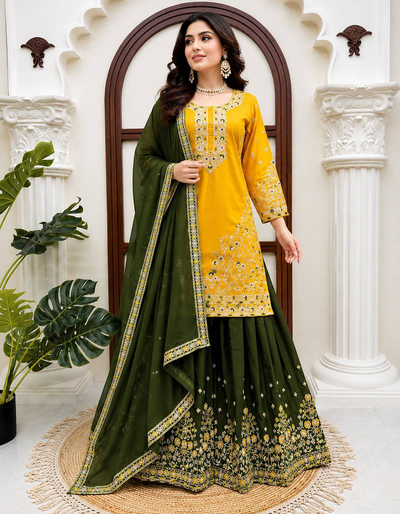 Yellow crepe thread & sequence work palazzo set with georgette dupatta