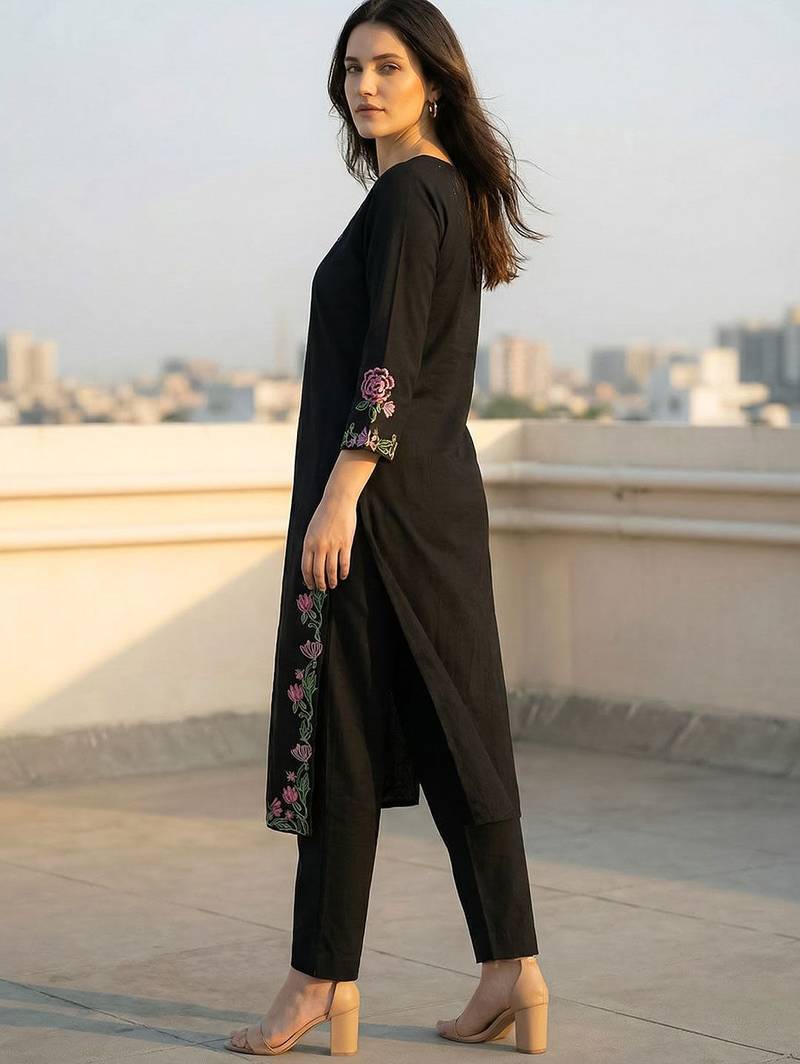 Women Floral Embroidered Thread Work Cotton Kurta with Trousers