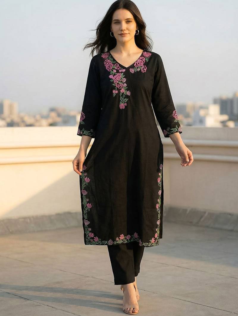 Women Floral Embroidered Thread Work Cotton Kurta with Trousers