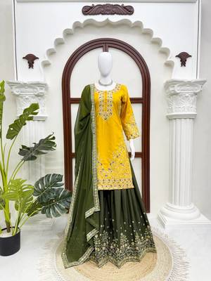 Yellow crepe thread & sequence work palazzo set with georgette dupatta 2
