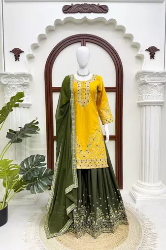 Yellow crepe thread & sequence work palazzo set with georgette dupatta