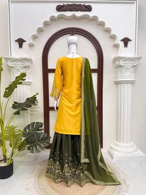 Yellow crepe thread & sequence work palazzo set with georgette dupatta 3