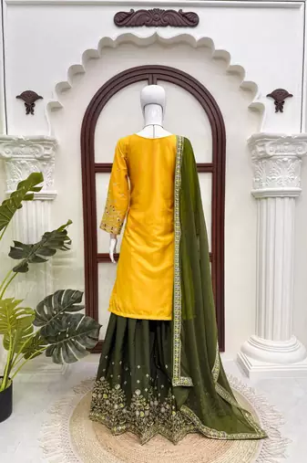 Yellow crepe thread & sequence work palazzo set with georgette dupatta