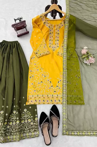 Yellow crepe thread & sequence work palazzo set with georgette dupatta