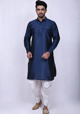Men's solid pathani kurta and patiala pyjama set - navy blue 1