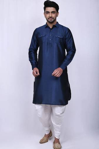 Men's solid pathani kurta and patiala pyjama set - navy blue
