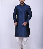 Men's solid pathani kurta and patiala pyjama set - navy blue