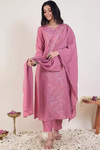 Floral Embroidered Thread Work A-Line Kurta & Trousers With Dupatta