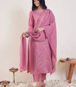 Floral Embroidered Thread Work A-Line Kurta & Trousers With Dupatta