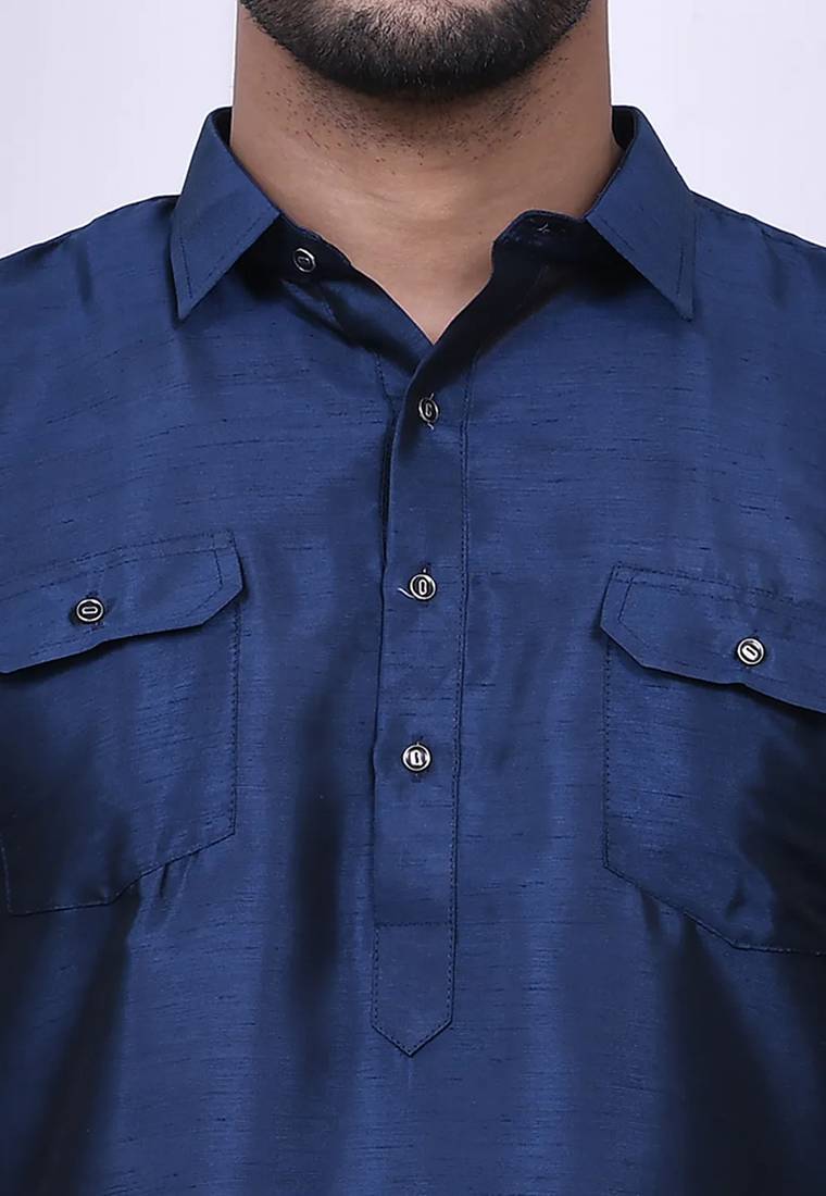 Men's solid pathani kurta and patiala pyjama set - navy blue