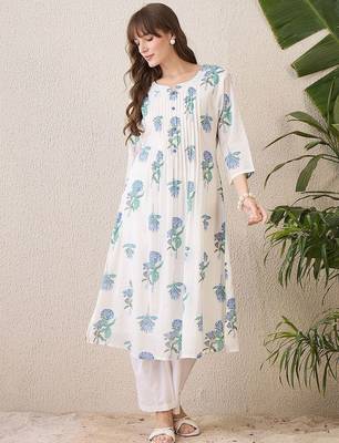 Floral Printed Mandarin Collar Cotton A-Line Kurta With Trousers 1