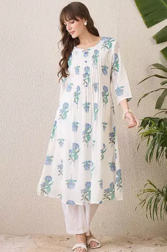 Floral Printed Mandarin Collar Cotton A-Line Kurta With Trousers