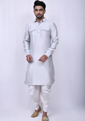Men's solid pathani kurta and patiala pyjama set - off white 1